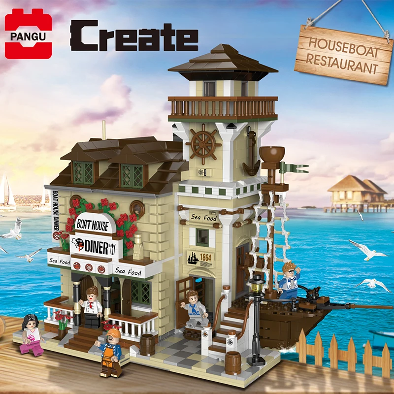 MOC City Street Series Old Fishing Store Houseboat Restaurant Model Building Blocks Toys For Children Fit Lepining Bricks Gifts