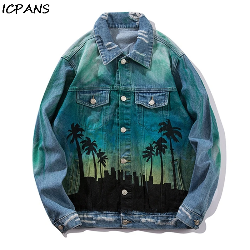 

ICPANS 2019 Distressed Denim Jacket Autumn Wintrer Vintage Denim Bomber Jacket Ripped Holes Men Hip Hop Jeans Jacket Streetwear