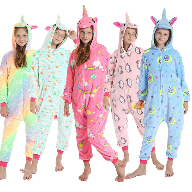 Kigurumi Unicorn Pajamas Baby Girl Pyjama Sets Winter Flannel Warm Sleepwear Toddler Boy Pink White Pijama for Kids 4-12T Onesie
