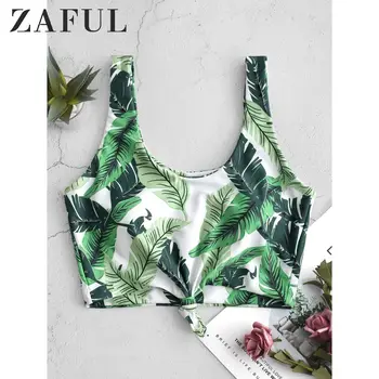 

ZAFUL Palm Leaf Knot Cropped Bikini Top U Neck Tropical Bikini Top Elastic Swimsuit Top 2020 Removable Padded Bathing Suit Top