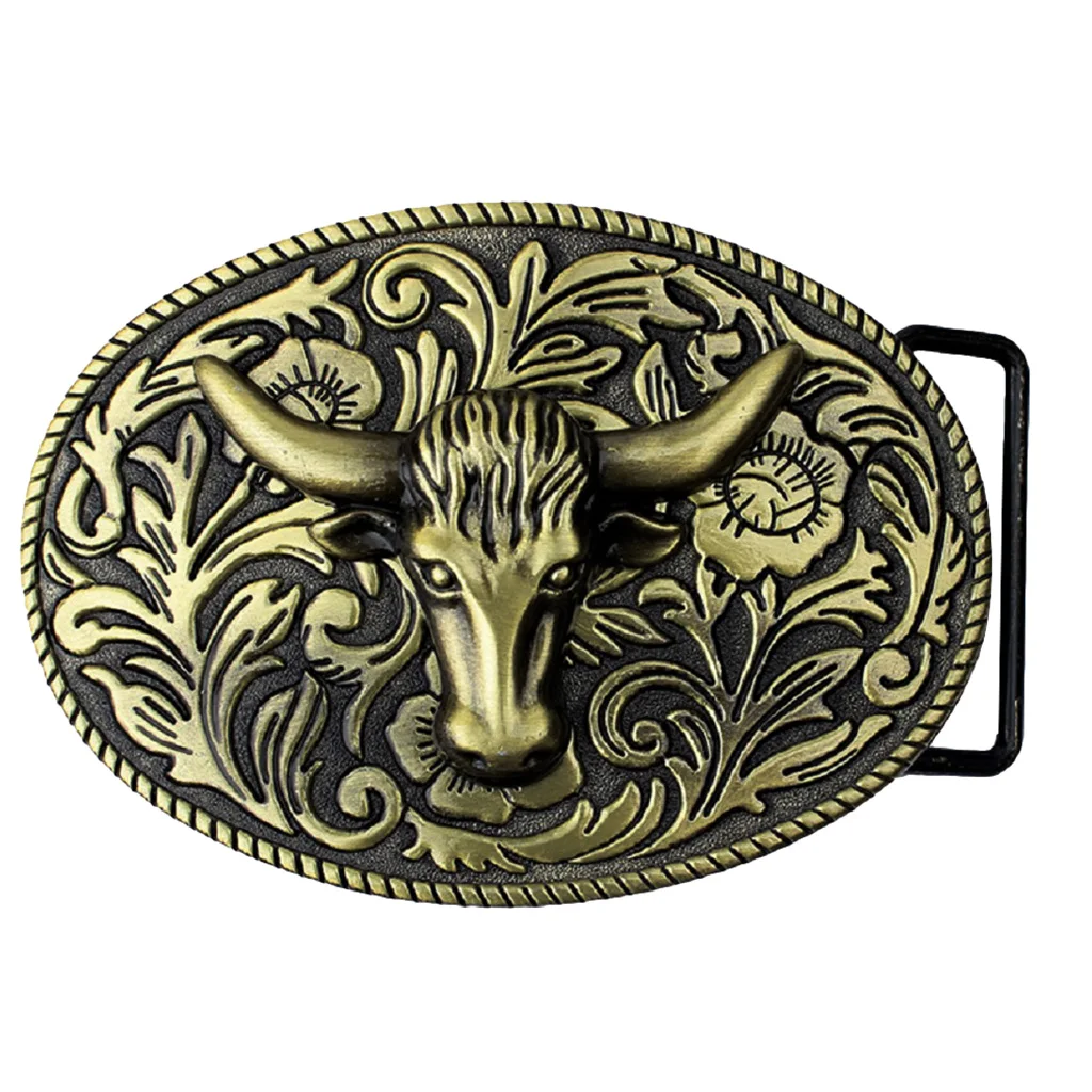 Arabesque Cow Bull Vintage Longhorn Buffalo Head Men' S Leather Belt Buckle Metal Cowboy 9.0 x 7.0cm