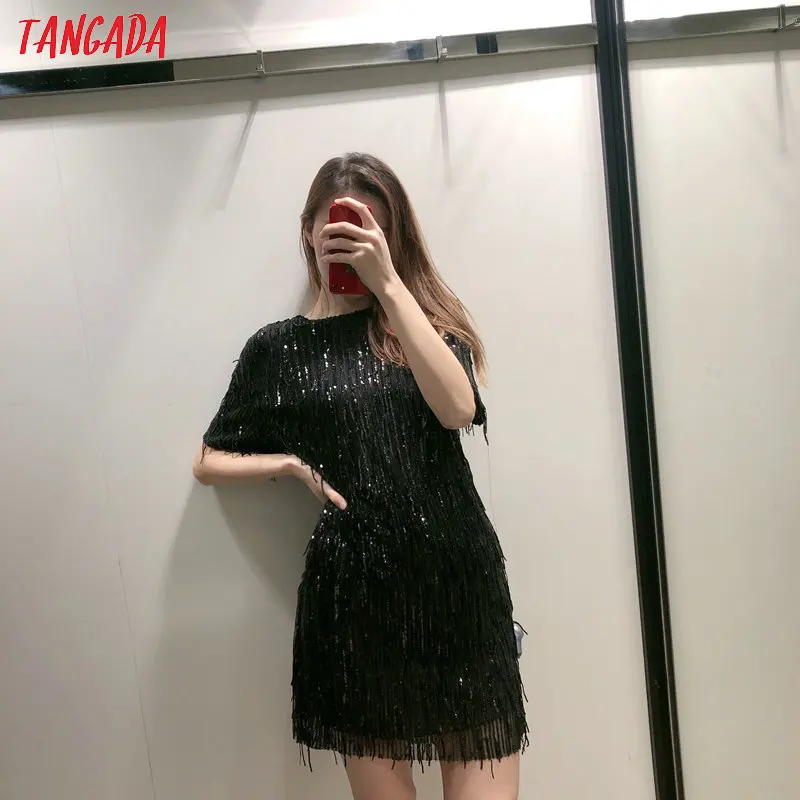 Tangada, женское зеленое платье с блестками, круглый вырез, короткий рукав, Осень-зима, женское Новогоднее праздничное платье, vestidos 3H171