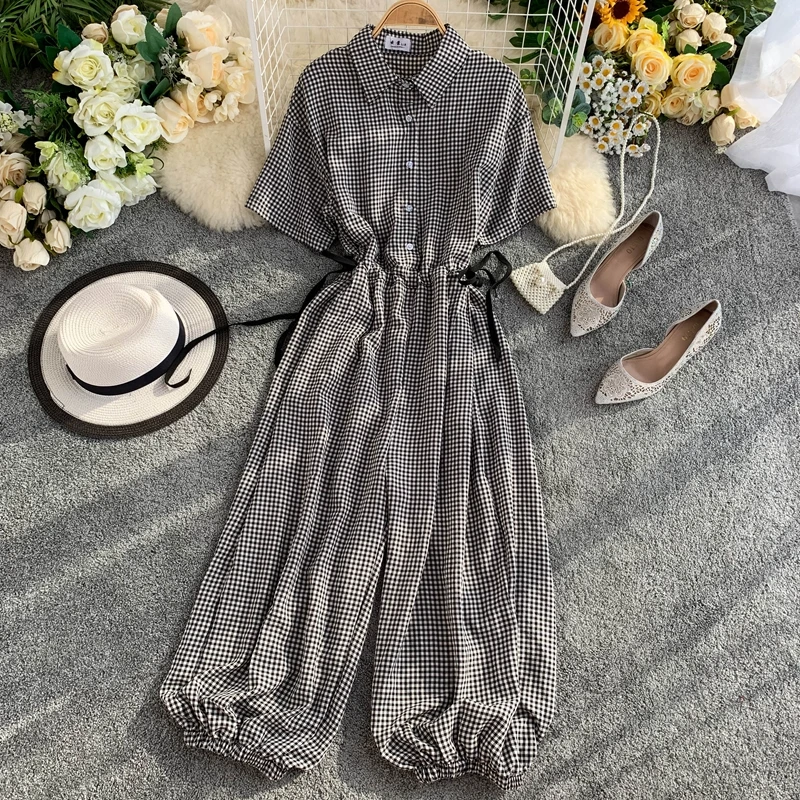 

Overalls for Women High Waist Plaid Turn Down Collar Short Sleeves Jumpsuit Wide Legs Tide Long Sleeve Bodysuit
