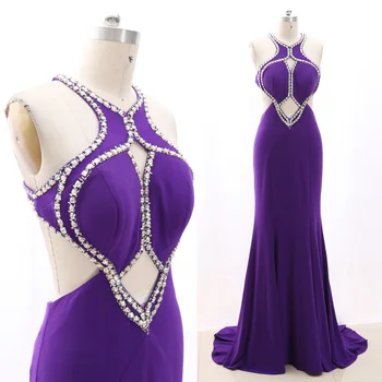 

MACloth Purple Sheath Halter Floor-Length Long Crystal Satin Prom Dresses Dress M 267862 Clearance