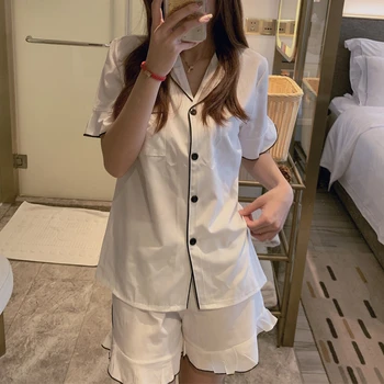 

Lovely Homewear Set Summer Casual Cotton Pyjamas Women Pajamas Set Loose Pyjama Lotus Leaf Pant Femme Sleepwear Set