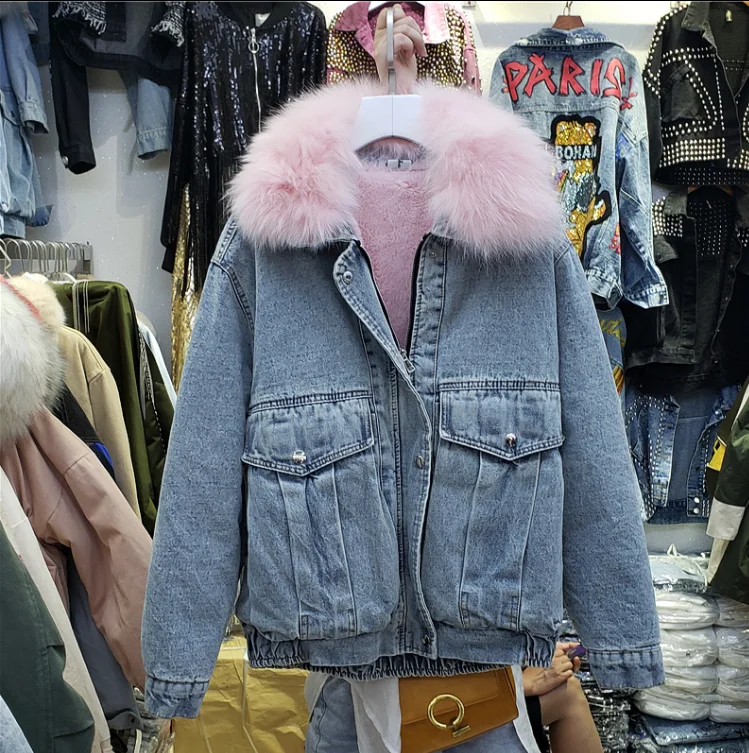 

Winter Denim Fur Coat Womens Real Fox Fur Collar Lamb Wool Jacket Overcoat Girls Student Warm Cotton Parka Padded Windbreaker