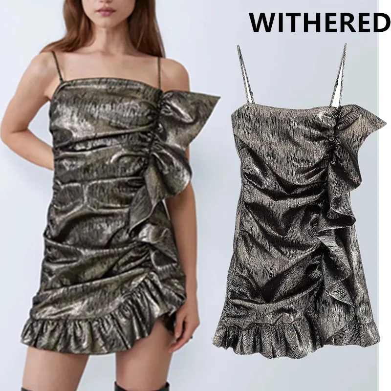 Увядшие английские металлические элементы каскадные без бретелек сексуальное мини-платье для женщин vestidos de fiesta de noche vestidos Вечернее Платье Топ