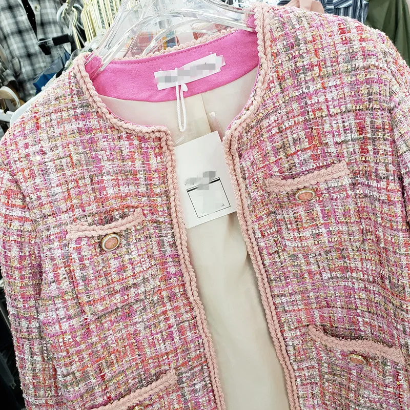 HAMALIEL/женская розовая твидовая куртка большого размера, пальто для подиума, Осень-зима, длинный рукав, открытая стежка, плетение, женская модная верхняя одежда