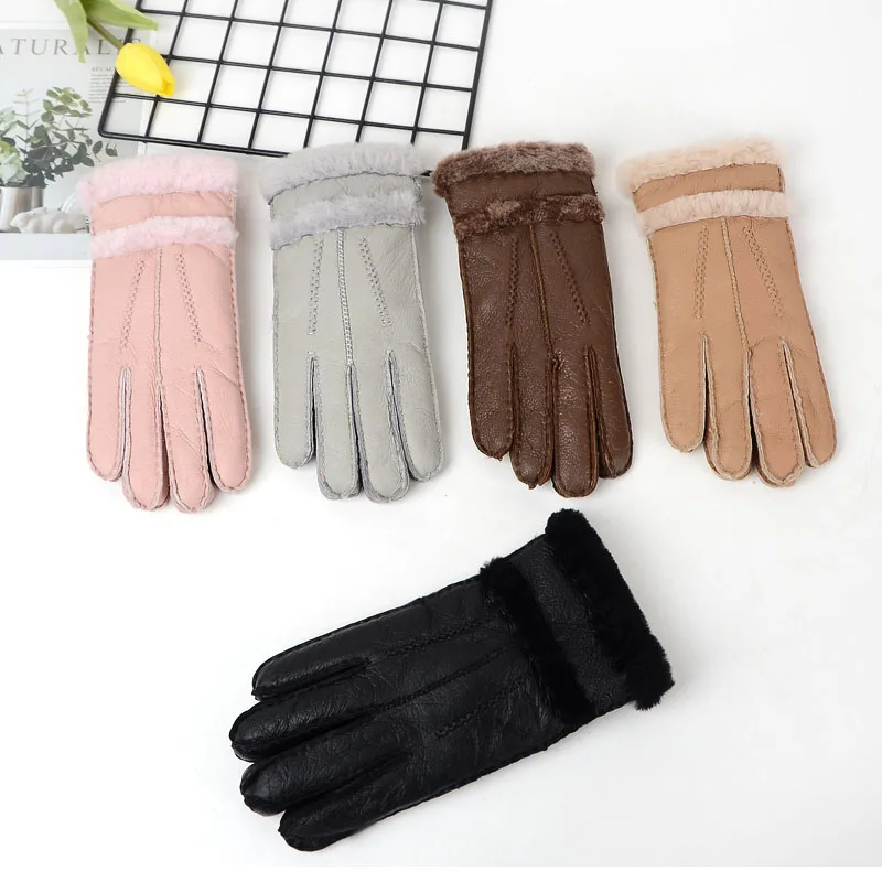 Женские перчатки из натуральной овечьей кожи, теплые зимние женские толстые перчатки, перчатки из натуральной кожи с пальцами, Дамская мода, ручная грелка