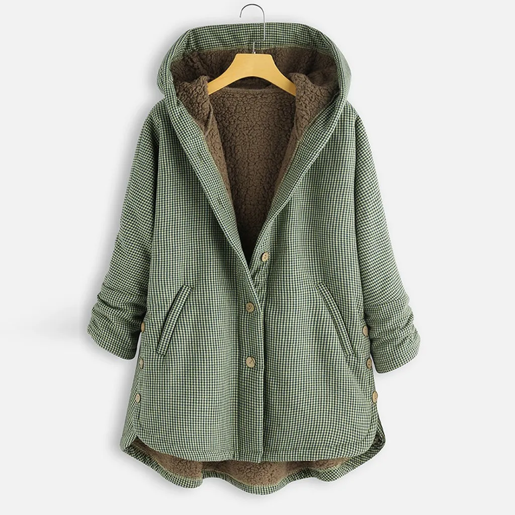 Пальто Модное Новое Осеннее размера плюс зимнее теплое женское винтажное клетчатое ассиметричное пальто на пуговицах с капюшоном утолщенное пальто куртка#45 - Цвет: Green