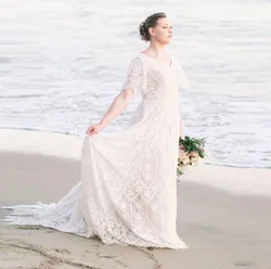 New Sumemr Beach Lace V-neck Short Sleeves Bride Wedding Dress 2021 Boho Chic Bridal Gowns Robe De Mariage Vestidos
