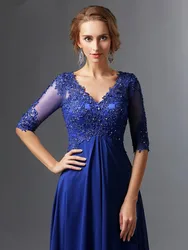 Royal Blue 2019 Mother Of The Bride Dresses A-line V-neck Half Sleeves Chiffon Lace Long Elegant Groom Mother Dresses Wedding