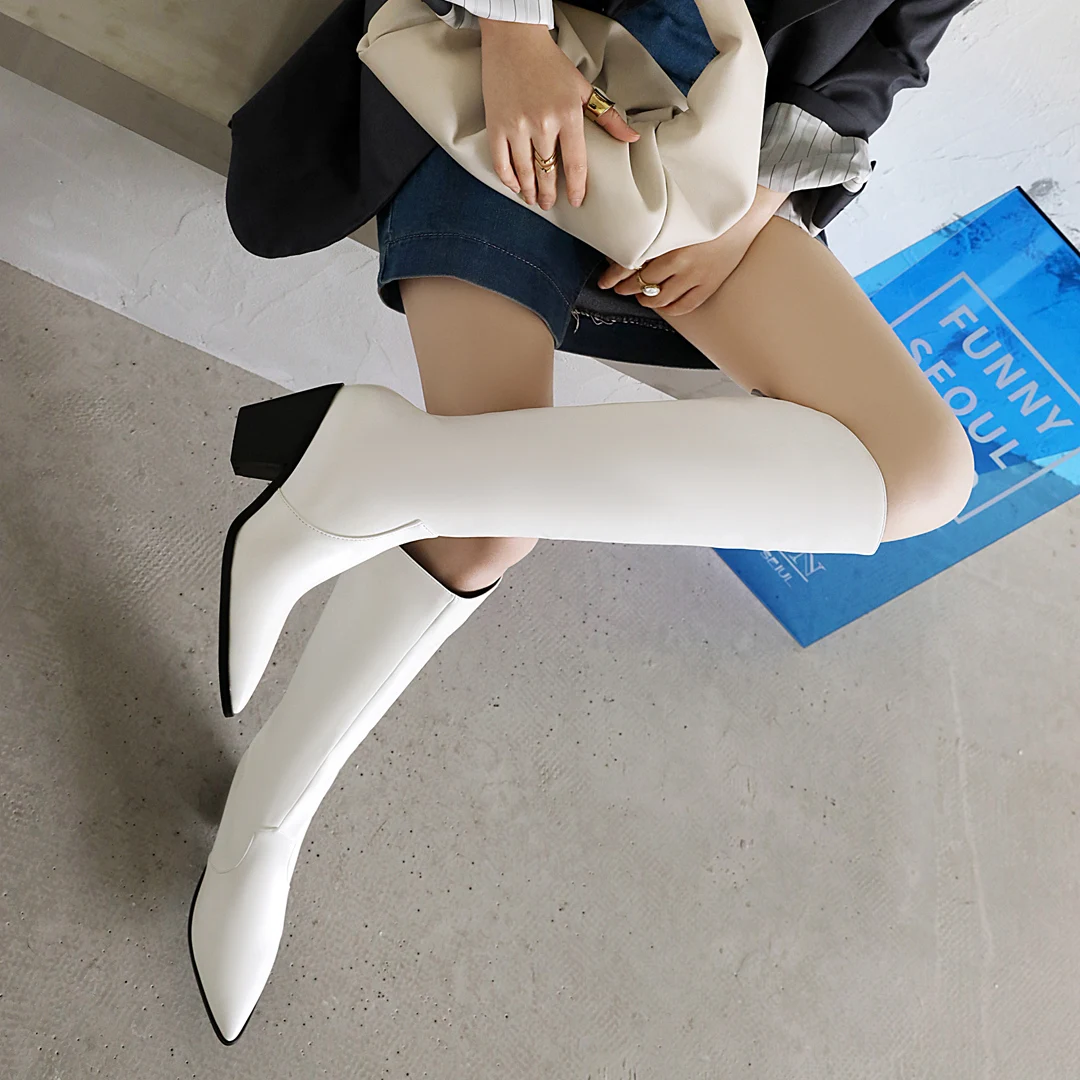 

Women Knee High Boots Sexy Pointed Toe Western Cowboy Boots 2021 Winter PU Leather Women Mid-calf Chunky Wedge Boots 41 42 43