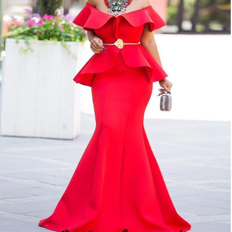 

Plus size dresses for women 2XL bodycon floor length red christmas elegant sexy short sleeve ruffles african mermaid maxi dress