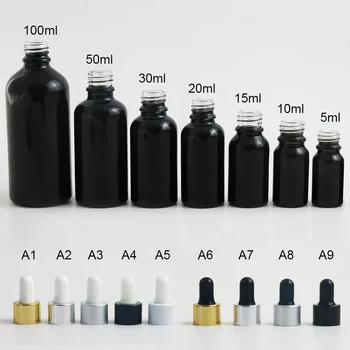 

20 X shinny Black Glass Empty Essential Oil Parfum e Liquid Pipette Dropper Bottle 10 15 20 30 50 100 ml gold black silver cap