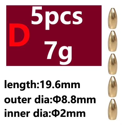 5pcs Saltwater Fishing Bullet Shape Copper Weights Metal Jig Head Deep Water Sinkers For Hook Lure Texas Rig Tackle Accessories - Цвет: 5pcs D type 7g