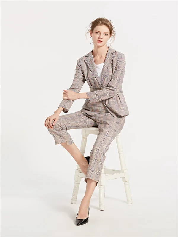 

Photo Shoot 2019 Europe And America British Style Spring Plaid Waist Hugging Bell-bottom Pants High-waisted Set Suit Women's