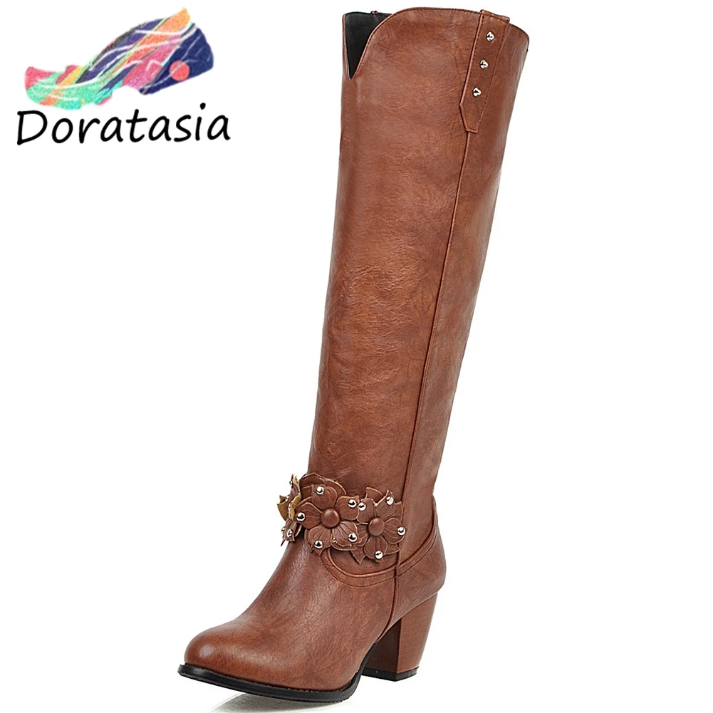 

DORATASIA Hot Sale New Spring Girl Fashion Flower Decorating Knee High Boots Retro Long Boots Women OL High Heel Shoes Woman