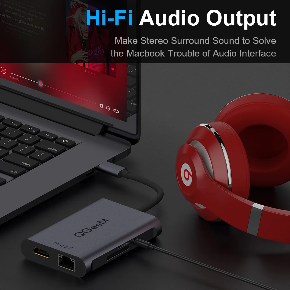 QGeeM 8 In 1 USB C Hub for Macbook Pro USB Hub 3.0 Adapter PD HDMI RJ45 TF SD 3.5mm Aux Type C Hub for iPad Pro Splitter Dock 4
