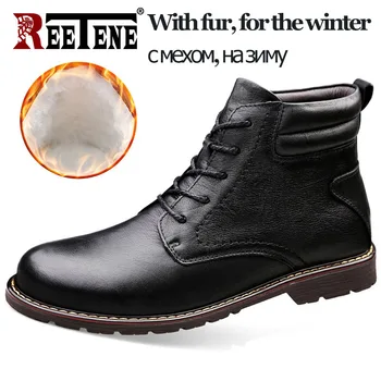 

REETENE Winter Casual Ankle Male Boots Lace-Up Work Snow Men Boots Genuine Leather Winter Men Shoes Warm Boots With Cotton 38-47
