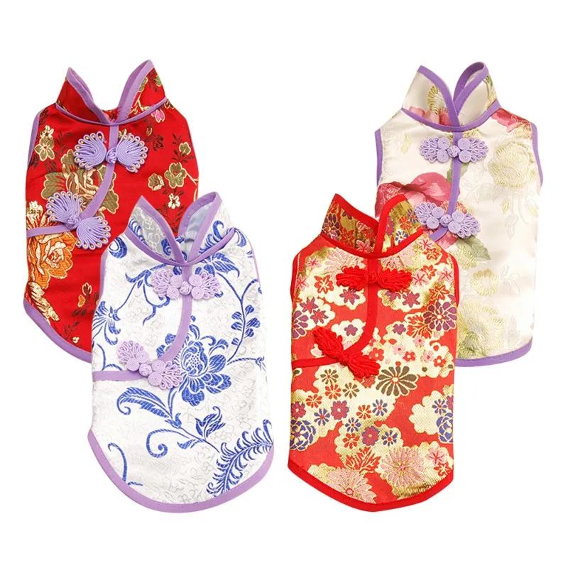 

Pet Dog Cheongsam Clothes Brocade Anemone Chinese Style Spring and Summer Clothes Dog Pet Daily Cheongsam Skirt Pet Supplies