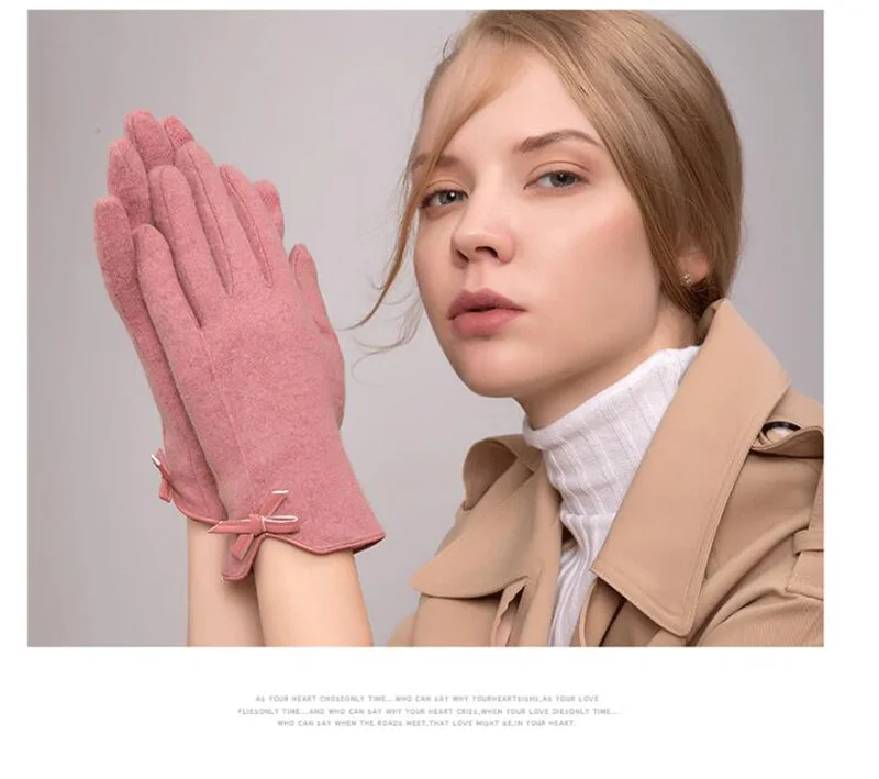 Женские сенсорные перчатки, зимние теплые кашемировые шерстяные перчатки, женские кожаные вязаные перчатки с бантом и вышивкой для