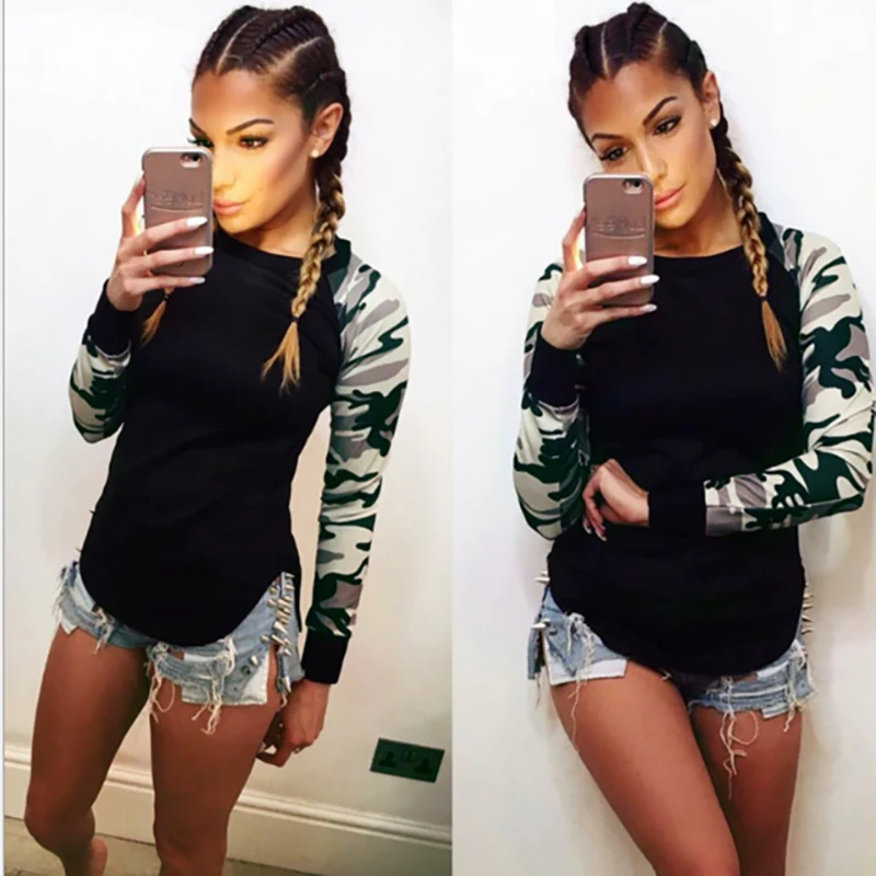 

2019 Woman Summer Fashion Street Wear Sexy Camo Patchwork Long Sleeve T Shirt Casual Loose Camouflage Shirt Top Female Plus Size