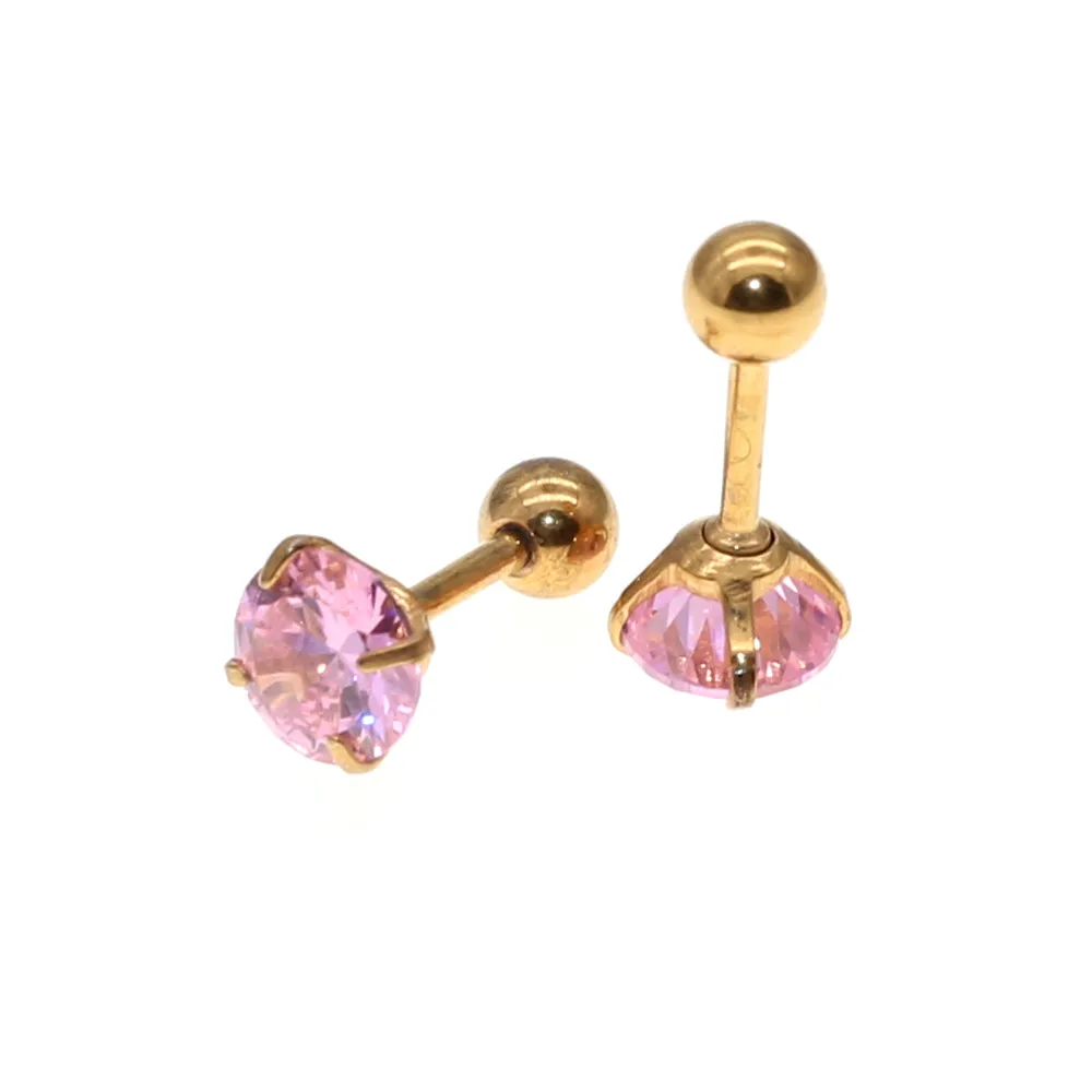 Needle 1.2*6MM Stainless Steel Screw-back Pink Zircon Stud Earrings Golden IP Plating No easy Fade Allergy Free