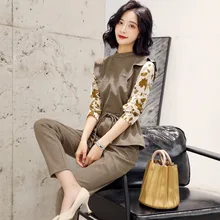 2020 Dress Split Joint False Two Paper Printing Jacket Bound Feet Leisure Time Pants Twinset Flower Colour Suit Woman