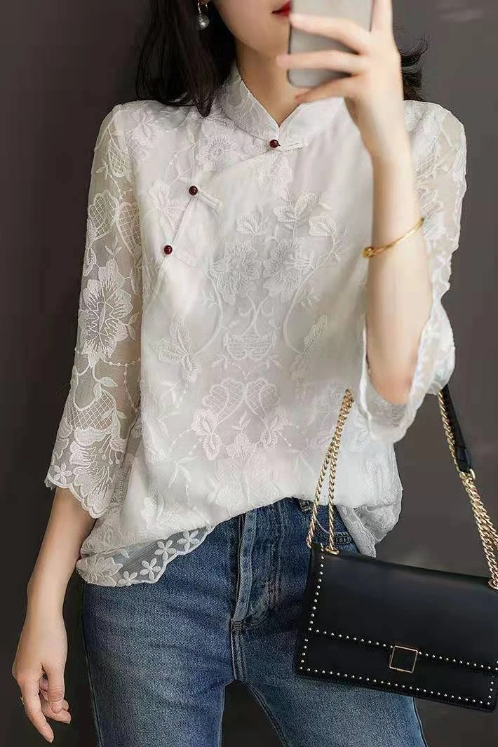 chinese style lace qipao top vintage women asian costume traditional embroidery shirt cheongsam tops