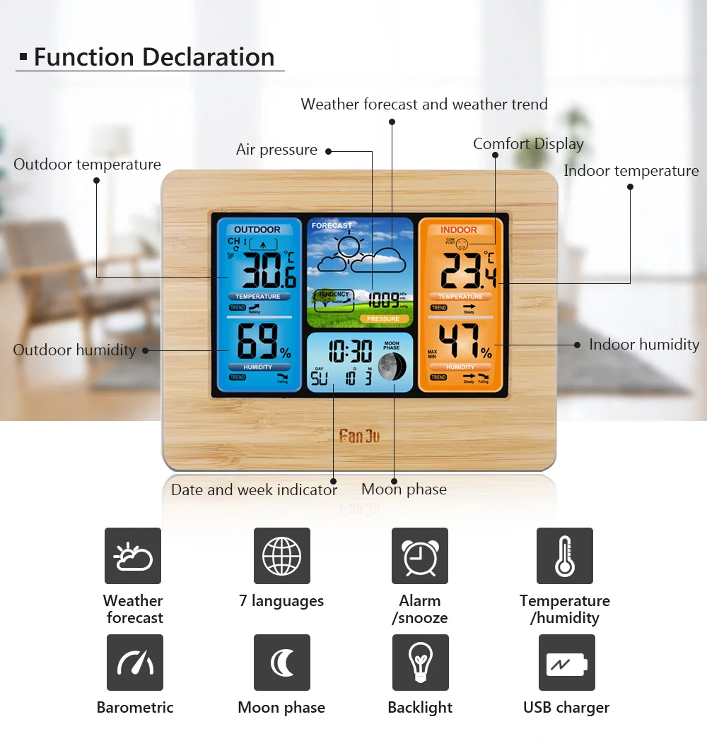 Urijk fj333type Метеостанция цифровой термометр беспроводной датчик гигрометра, часы для погоды, часы для настенного стола, будильник
