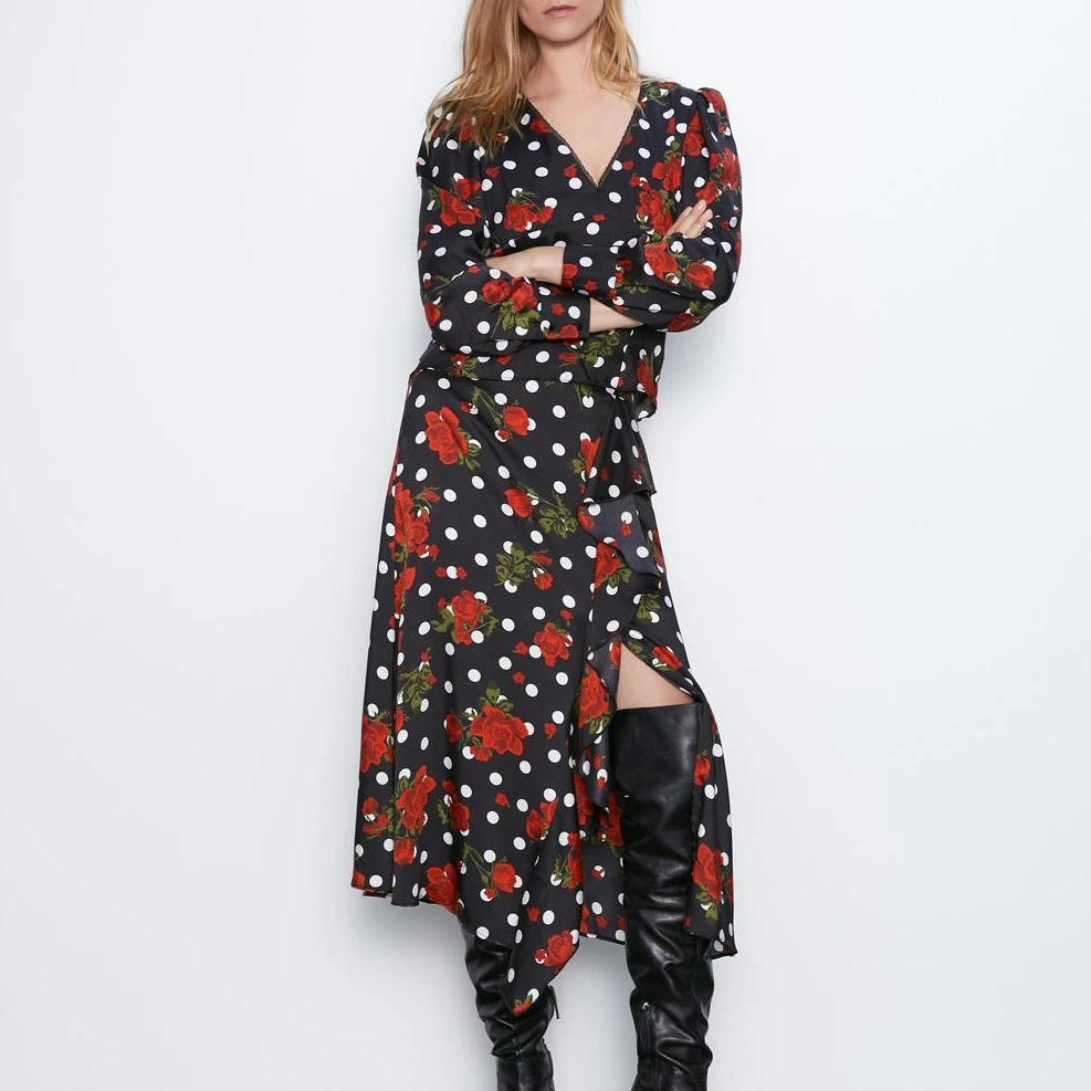 

2019 Autumn The New Floral Print Wave Point Cascading Decoration Ruffles Midi Skirt French Romance Split Long Skirts Womens