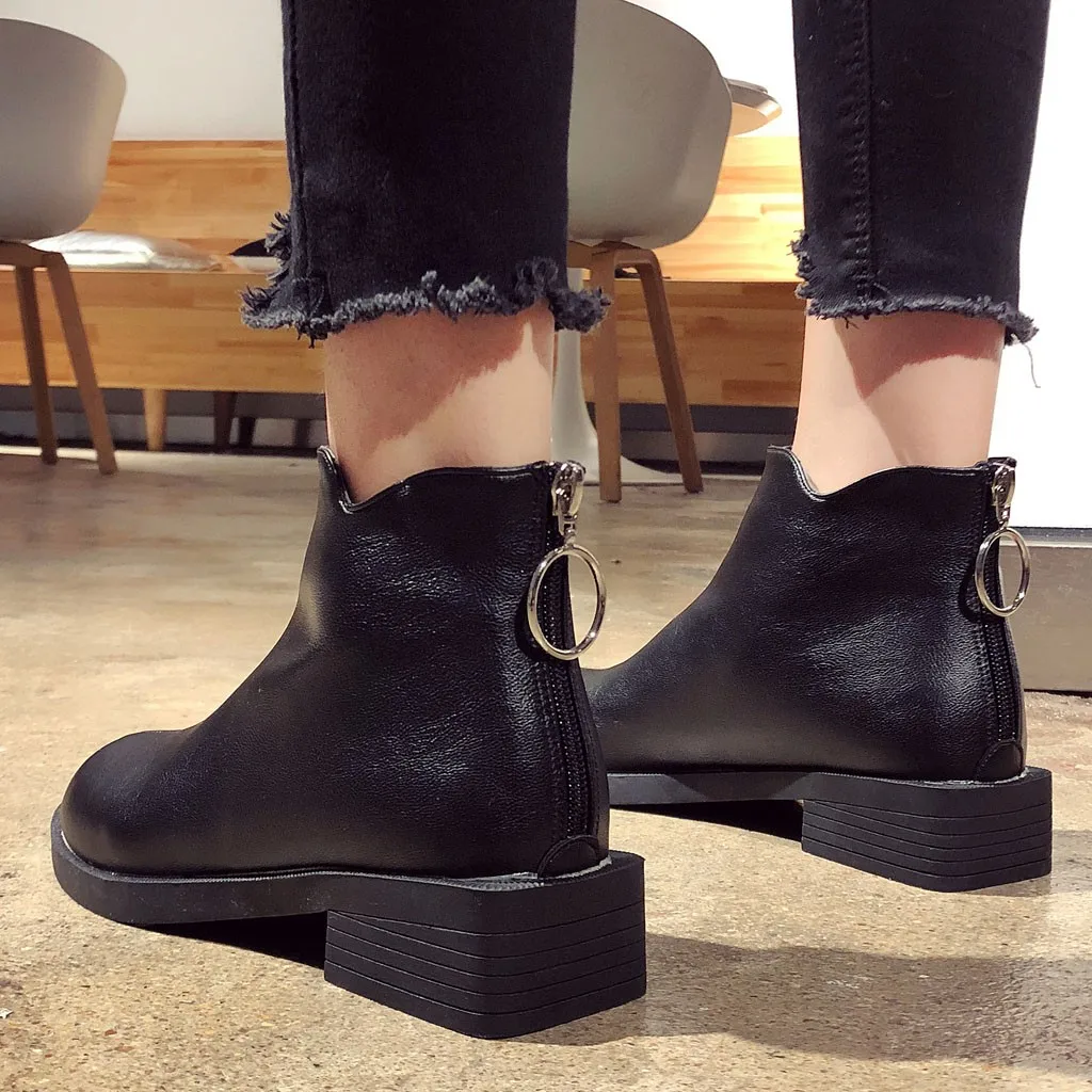 

2019 Autumn Casual Martin Boot Women's Leather Ankle Boots Winter Short Boot Lady Stylish Mid Heels Shoes Back Zipper Botas New