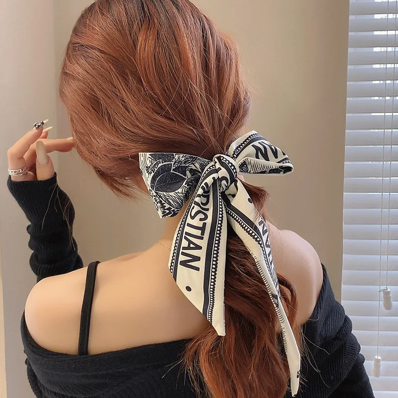 Satin Ribbon Hair Bands Retro Square Scarf Women New Fashion Print Small Neck Scarfs Headwear French Elegant Hair Accessories