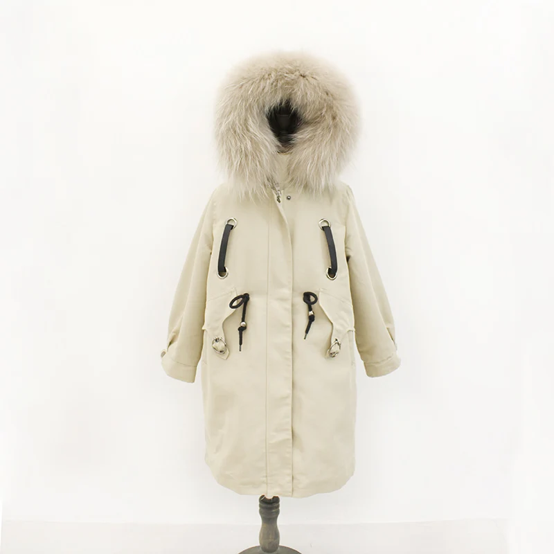 

2019 Children's fur coat rex rabbit fur liner Raccoon fur collar fashion jacket waterproof Non-sticky coat winter long parka