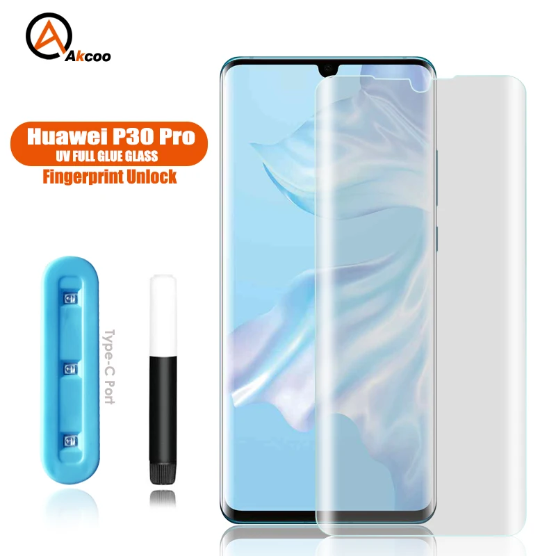 Закаленное стекло Akcoo для Huawei P30 Pro пленка защиты экрана с жидким УФ клеем полная lite стеклянная олеофобным