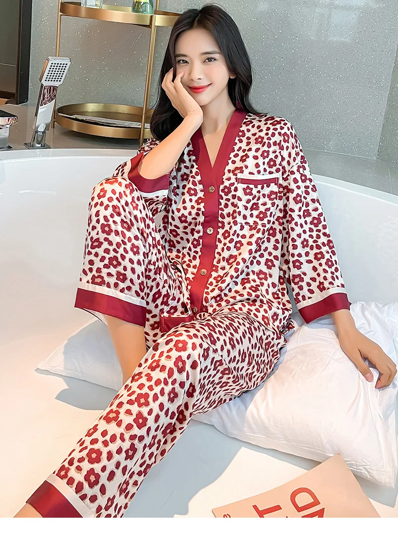 pajama sets for women New style long-sleeved trousers lapel ladies ice and snow silk pajamas leopard silk sleepwear set cotton pyjamas