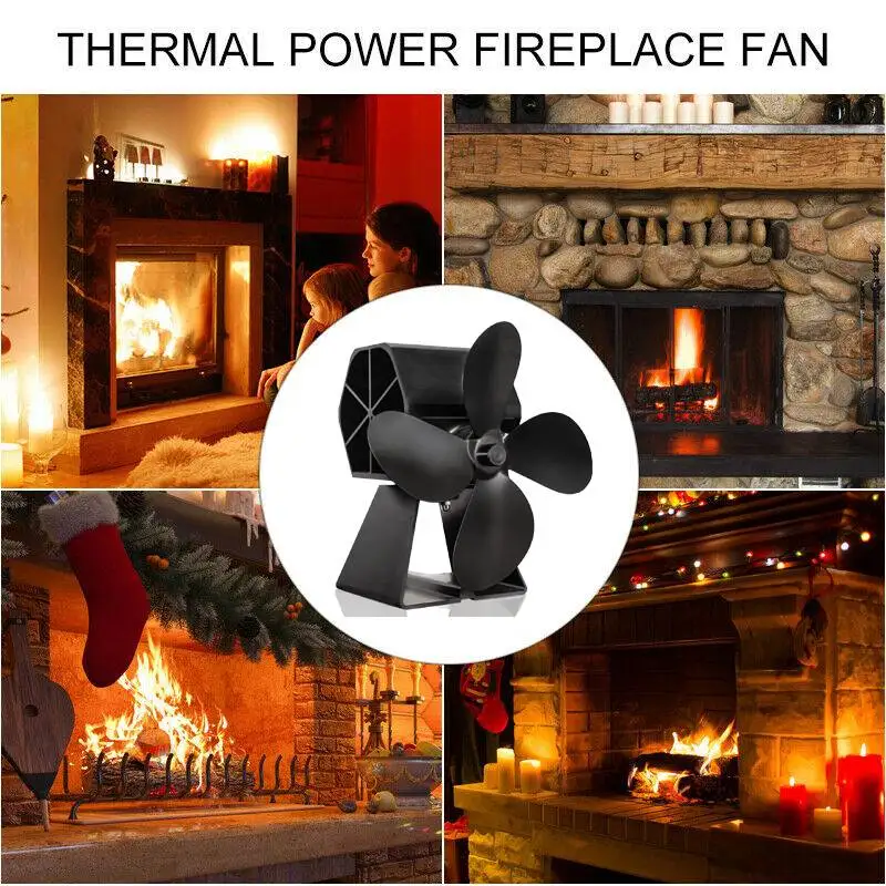 

4 Blade Fireplace Stove Fan Winter Warm Powered Log Wood Burner Eco Friendly Quiet Black Fan Home Efficient Heat Distribution
