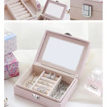 

Creative Travel Jewelry Case PU with Lock Mirror Lipstick Ring Ear Stud Earrings Storage Box