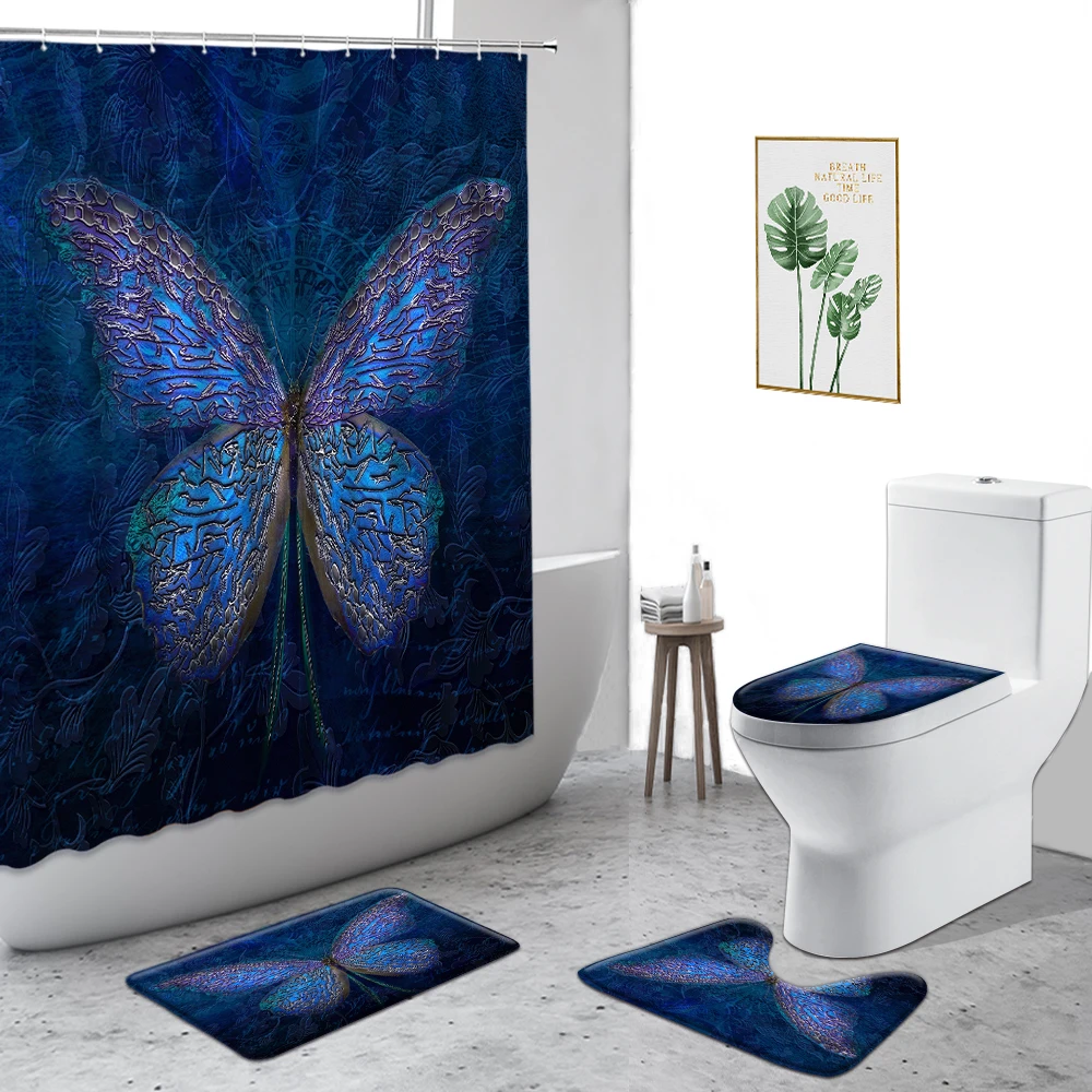 

Blue Butterfly Shower Curtain Flower Color Butterflys Bathroom Decor Set Non-Slip Carpet Toilet Cushion Waterproof Bath Curtains