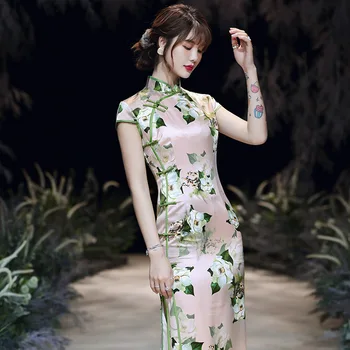 

Elegant Long Qipao Women Satin Party Prom Dress Mandarin Collar Print Flower Cheongsam High Split Chinese Traditional Vestidos