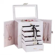 

Extra Large Red Jewelry Box Mirror Jewellery Cabinet White Portable Trinket Armoire Luxury PU Bracelets Necklace Carrying Cases