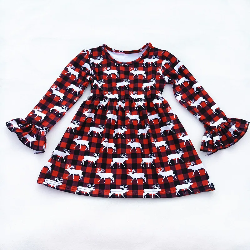 

New 2019 Christmas Baby Girls Dress Red Plaid deer Pattern Girls Long Sleeve Ruffle Dress Children Kids Christmas Party Clothes