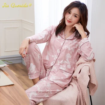

Pajama Set Plus Size Xxxl Cotton Home Clothing Long Sleeved Spring Pink Sleepwear Ladies Big Size Loungewear 100% Cotton Pyjamas