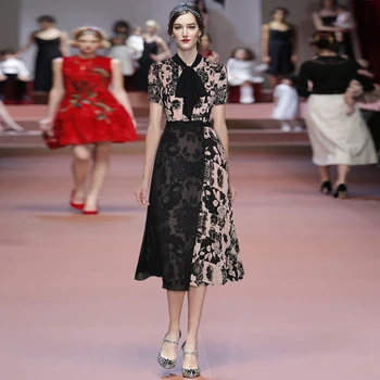 

Gedivoen Fashion Runway Summer Dress Women Bow Collar Printed Mesh Pleated Diamonds Dress Elegant Party Female Dresses