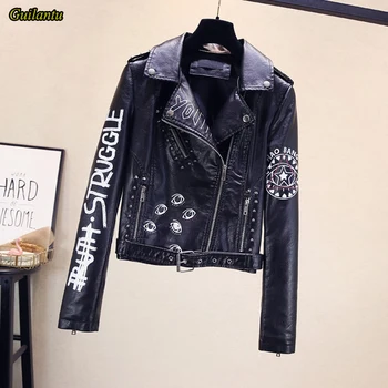 

Guilantu Women Faux Pu Leather Jacket Overcoat Spring Zipper Letter Black Motorcycle Biker Streetwear Ladies Leather Coat Female