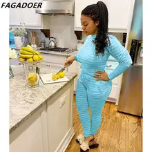 

FAGADOER Casual Striped Two Piece Sets Women Long Sleeve Round Neck Top And Legging Pants Tracksuits Home Clothing 2pcs Outfits