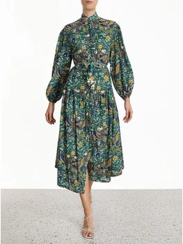 

Big name spring and autumn ladies chiffon 3D printing pleated long dress 2020New women's lantern sleeve fashion big swing dress