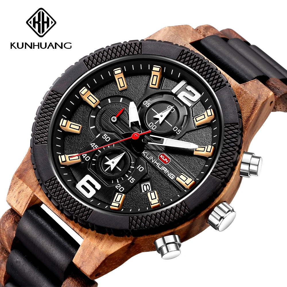 

KUNHUANG Multicolor Wood Material Combination Watch Men Multifunction Quartz Sports Watch Personality Large Dial Business Casual