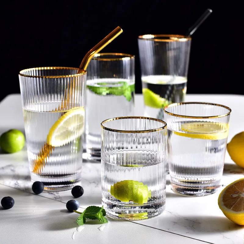 Home Hotel Transparent Glass Golden Vertical Stripe Juice Drink Water Cup European Style Environmentally Friendly Beer | Дом и сад